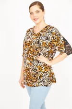 Kadın Mavi Büyük Beden Dokuma Viskon Kumaş Kolları Dantel Detaylı V Yakalı Bluz