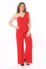 Kadın Büyük Beden Kırmızı Likralı Krep Kumaş Tek Omuz Ve Bel Detaylı Tulum 65N37954