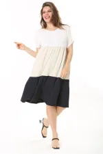 Kadın Büyük Beden Renkli Renk Kombinli Katlı Kısa Kol Elbise 65N37874