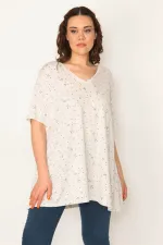 Kadın Vizon Pamuklu Kumaş V Yaka Desenli Tunik 65N32657