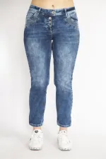 Kadın Lacivert Büyük Beden Nakış Detaylı Yıkama Efektli Likralı Kot Panyolon