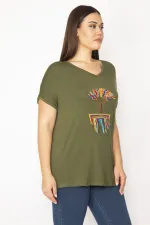 Kadın Haki Nakış Detaylı Düşük Kol Viskon Bluz 65N29506