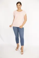 Kadın Somon Büyük Beden Önü Astarlı Tül Etek Ucu Lastikli Yaka Pileli Bluz