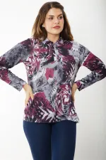 Kadın Büyük Beden Bordo Ön Patı Fermuarlı Uzun Kollu Desenli Bluz 65N37218