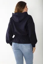 Women's Plus Size Navy Blue Inside-Red Elastic Waist Detailed Hooded Sweatshirt 65N37205