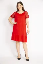 Kadın Kırmızı Büyük Beden Kolları Tül Yakası Lastik Detaylı Etek Ucu Katlı Elbise