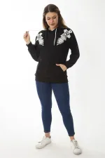 Kadın Büyük Beden Siyah Aplike Dantel Ve Kapşon Detaylı Kanguru Cepli Sweatshirt 65N37015