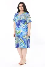 Kadın Büyük Beden Renkli V Yakalı Bel Büzgülü Desenli Elbise 65N37984