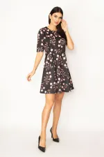 WOMEN'S BLACK ORNAMENT POCKET ZIPPERED FLORAL PATTERNED DRESS
