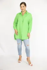 Kadın Büyük Beden Yeşil Ön Düğmeli Uzun Kollu Gömlek 65N37038