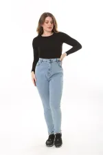 Kadın Büyük Beden Mavi Yüksek Bel Dar Paçalı Likralı 5 Cep Kot Pantolon 65N37644