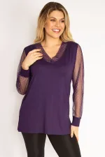 Kadın Mürdüm Yaka Ve Kolları Simli Tül Bluz 65N35185