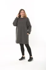 Kadın Büyük Beden Füme İçi Şardonlu 3 İplik Yan Cepli Uzun Sweatshirt 65N37494