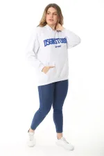 Women's Plus Size Gray Inside Raised 3 Thread Embroidery Detailed Hooded Sweatshirt 65N37126