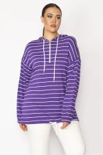 Kadın Mor Ön Pat Fermuarlı Kuşgözü Ve Bağcık Detaylı Kapşonlu Çizgili Tunik 65N28699