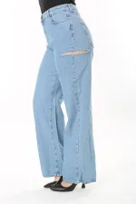 Kadın Büyük Beden Mavi Yırtık Detaylı Yüksek Bel Kot Pantolon 65N38076