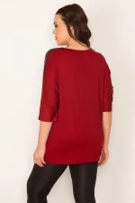 KADIN BORDO PAYET DETAYLI V YAKA KAPRİ KOL VİSKON BLUZ