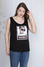 Kadın Siyah Dijital Baskılı Arka Robası File Detaylı Bluz 65N24348