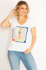 Kadın Beyaz Pamuklu Kumaş Ön Baskılı V Yakalı Bluz 65N34719