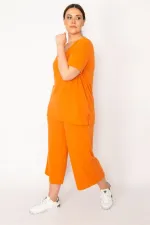 Kadın Fujya Kaşkorse Örme Beli Lastikli Geniş Paçalı Pantolon V Yakalı Bluz Takım 65N32939