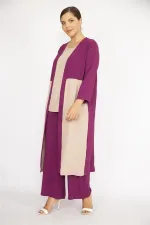 Kadın Büyük Beden İndigo Hırka İç Bluz Ve Pantolon Üçlü Takım