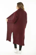 Kadın Büyük Beden Bordo Yırtmaçlı Kalın Triko Uzun Hırka 65N37131