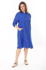 Kadın Büyük Beden Nar Ön Pat Düğmeli Süs Göğüs Cepli Kol Boyu Ayarlı Elbise 65N37871