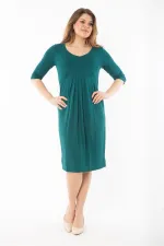 Kadın Büyük Beden Yeşil Büzgü Ve Pile Detaylı Kapri Kollu Elbise 65N37352