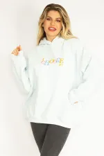 Women's Blue 3-Thread Polar Fleece Embroidery Detailed Hooded Sweatshirt 65N35078