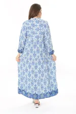 Kadın Büyük Beden Mavi Dokuma Viskon Kumaş Ön Düğmeli Uzun Elbise 65N37860