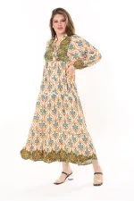 Kadın Büyük Beden Mavi Dokuma Viskon Kumaş Ön Düğmeli Uzun Elbise 65N37860