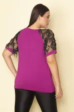 Kadın Fuşya Kolları Tül Payet Detaylı Bluz 65N28746