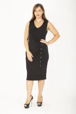 Kadın Büyük Beden Siyah V Yakalı Önü Küçük Metal Düğmeli Elbise 65N36850