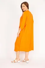 Kadın Camel Büyük Beden Omuz Dekolteli Ön Düğmeli Elbise