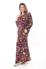 Kadın Büyük Beden Kahve Yaka Bağcıklı Uzun Kollu Maksi Boy Elbise 65N37866