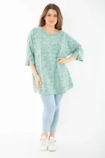 Kadın Büyük Beden Yeşil Kolları Süs Metal Düğmeli Kırçıllı Kalın Tunik 65N37403