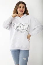 Kadın Büyük Beden Gri İçi Şardonlu Nakış Ve Kanguru Cep Detaylı Kapşonlu Sweatshirt 65N37206
