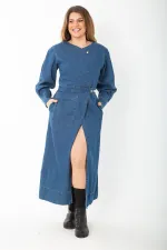 Kadın Lacivert Metal Düğmeli Anvelop Kot Elbise 65N37381