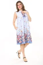 Kadın Büyük Beden Mavi V Yakalı Desenli Kolsuz Elbise 65N37873