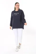 Women's Plus Size Navy Blue Ribbed Inside Slit Sweatshirt 65N37716