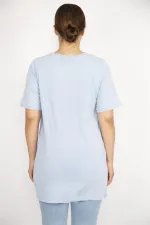 Kadın Büyük Beden Bebe Mavisi Payet Ve Taş İşli Bisiklet Yakalı Bluz