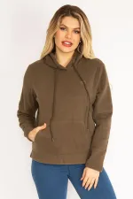 Kadın Haki Kapşonlu Kanguru Cep Polar Sweatshirt 26A35074
