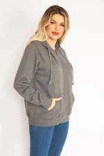 Kadın Gri Sırtı Çift Fermuar Ve Çıtçıt Düğme Ve Ön Fermuarlı İçi Şardonlu Sweatshirt 65N35069