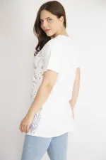 Kadın Beyaz Büyük Beden Önü Flok Bisiklet Yakalı Kısa Kollu Bluz
