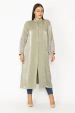 Kadın Siyah Simli Kumaş Kol Ağzı Şifon Detaylı Hakim Yaka Ön Düğmeli Uzun Kap 65N28483