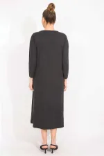 Kadın Antrasit Suni Deri Garnili Uzun Kollu Elbise 65N35528