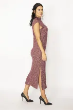WOMEN'S MAROON BACK DETAILED SIDE SLITS SELF-STRIPED CREW-NECK DRESS