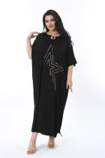 Kadın Büyük Beden Siyah Rahat Kesim Taş Detaylı Elbise 65N38202