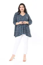 Kadın Büyük Beden Renkli V Yakalı Kapri Kol Desenli Bluz 65N38001