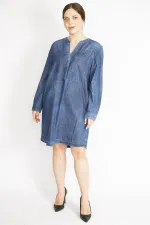 Kadın Lacivert Büyük Beden Yıkama Efektli Ön Patı Çıtçıt Düğmeli Kot Elbise